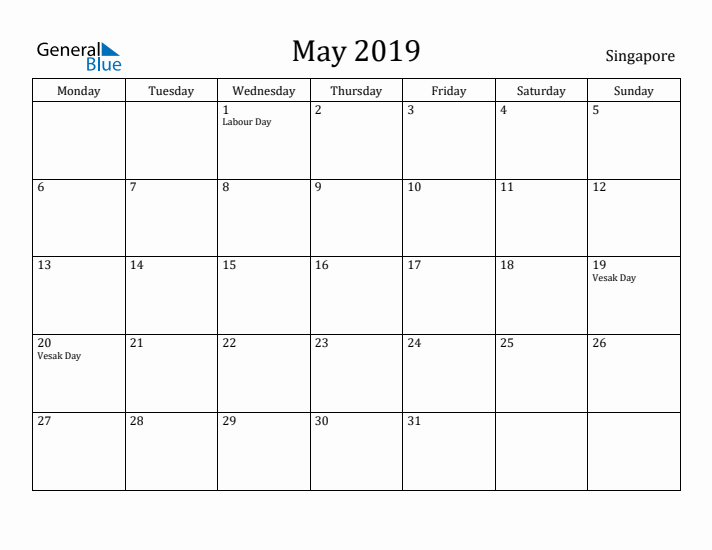 May 2019 Calendar Singapore