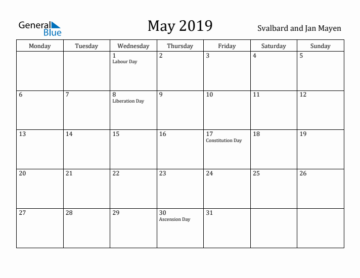 May 2019 Calendar Svalbard and Jan Mayen