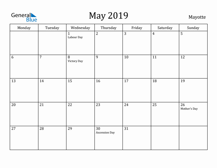 May 2019 Calendar Mayotte