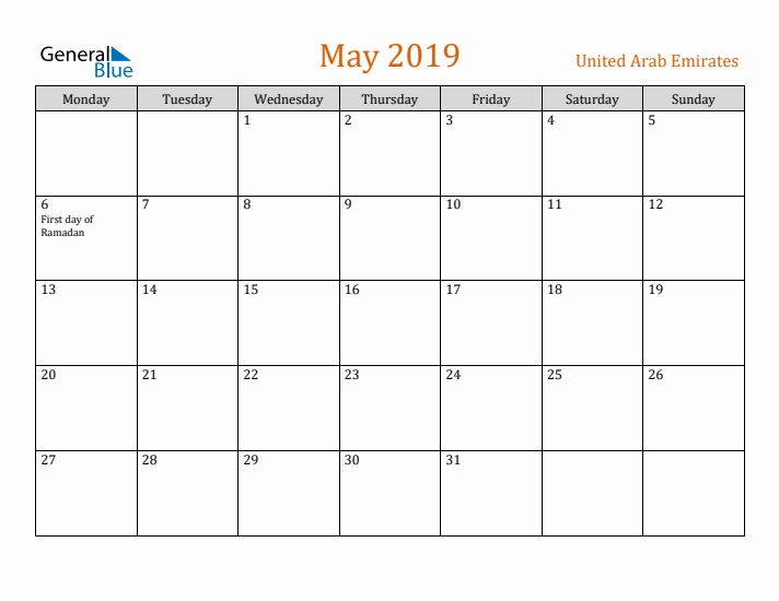 May 2019 Holiday Calendar with Monday Start