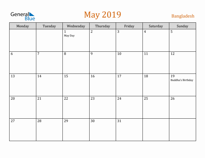 May 2019 Holiday Calendar with Monday Start