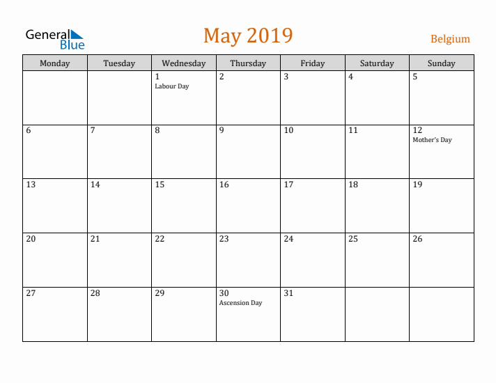 May 2019 Holiday Calendar with Monday Start