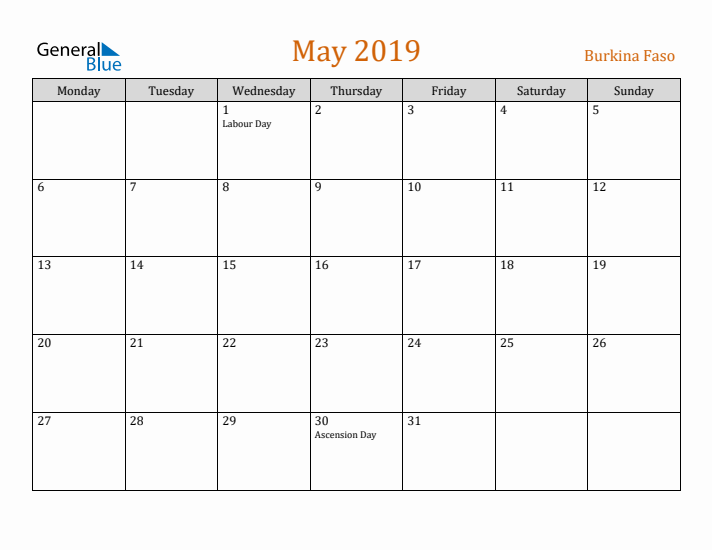 May 2019 Holiday Calendar with Monday Start