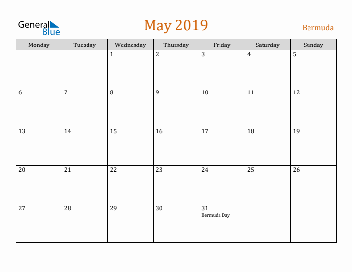 May 2019 Holiday Calendar with Monday Start