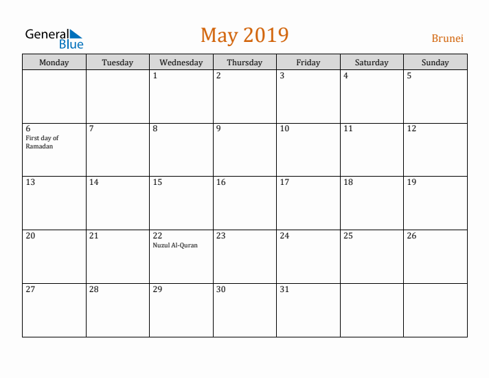 May 2019 Holiday Calendar with Monday Start