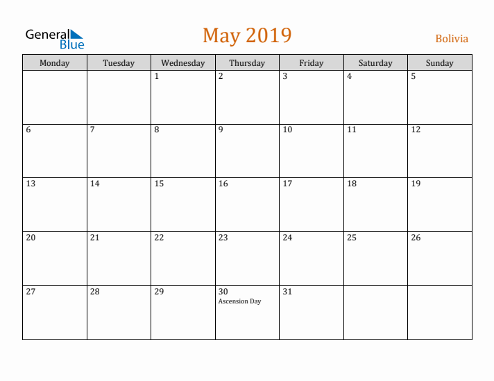 May 2019 Holiday Calendar with Monday Start