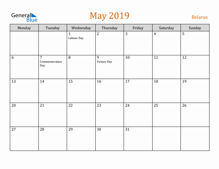 May 2019 Holiday Calendar with Monday Start