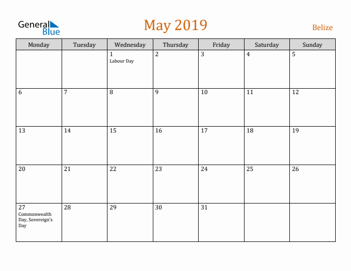 May 2019 Holiday Calendar with Monday Start