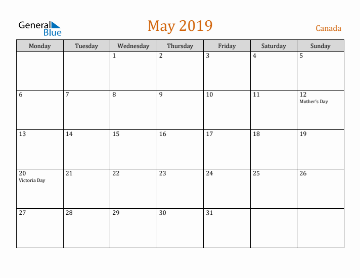 May 2019 Holiday Calendar with Monday Start