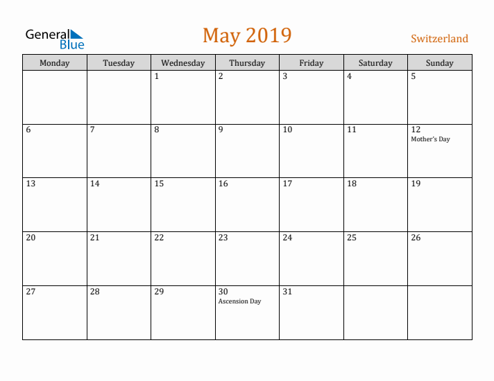 May 2019 Holiday Calendar with Monday Start