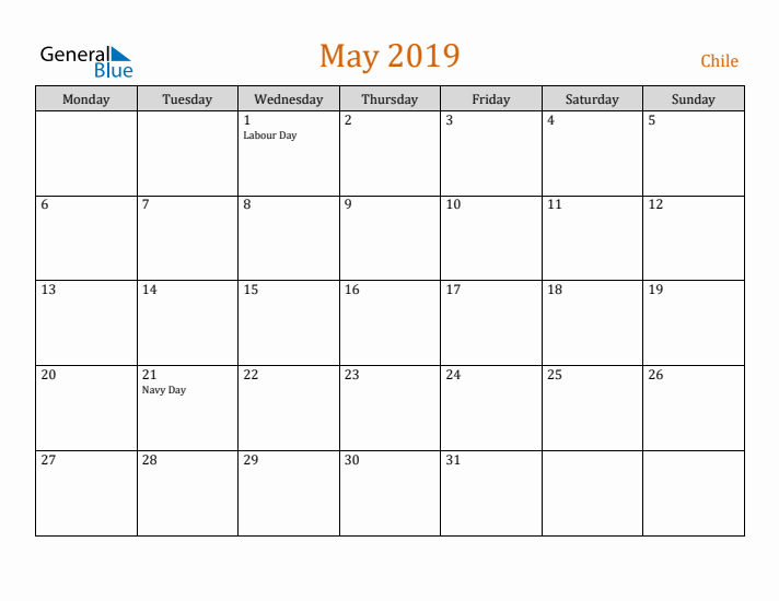 May 2019 Holiday Calendar with Monday Start