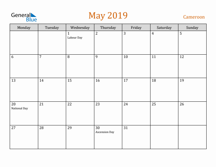 May 2019 Holiday Calendar with Monday Start