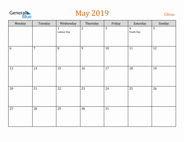 May 2019 Holiday Calendar with Monday Start