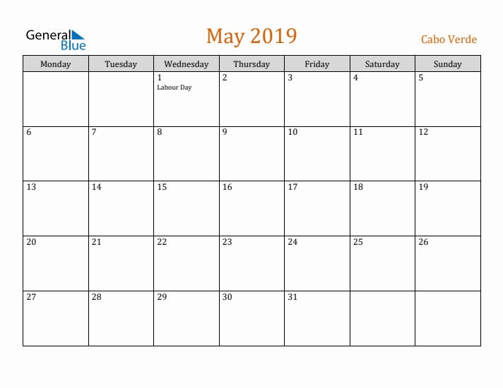 May 2019 Holiday Calendar with Monday Start