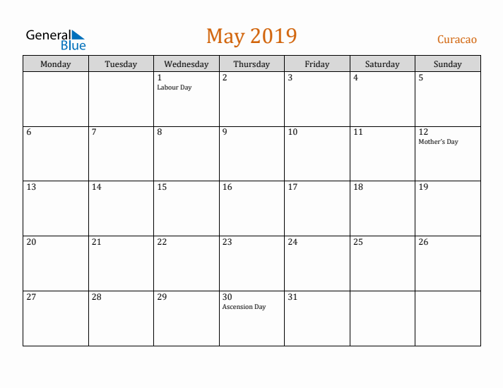 May 2019 Holiday Calendar with Monday Start