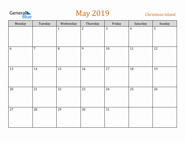 May 2019 Holiday Calendar with Monday Start