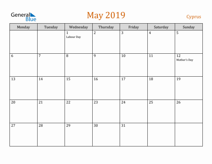 May 2019 Holiday Calendar with Monday Start