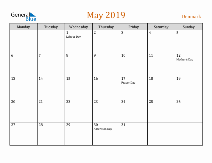 May 2019 Holiday Calendar with Monday Start