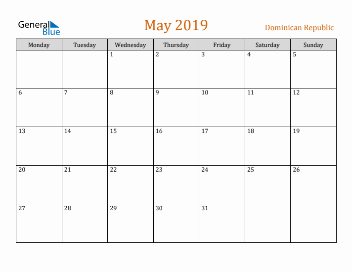 May 2019 Holiday Calendar with Monday Start