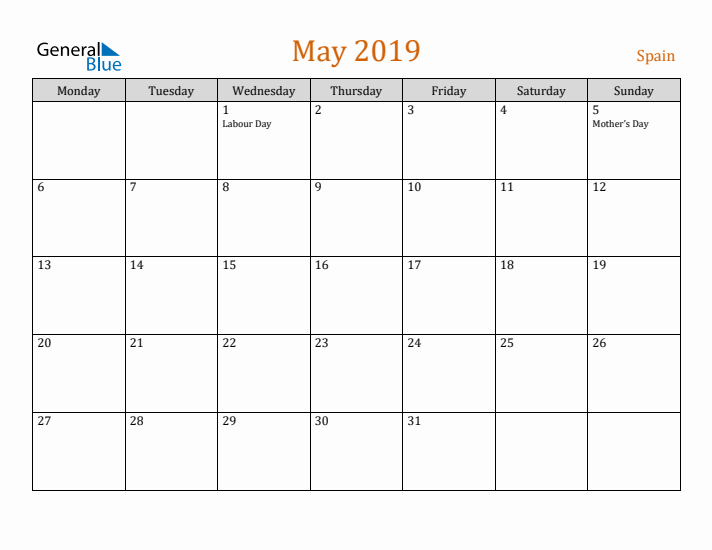 May 2019 Holiday Calendar with Monday Start