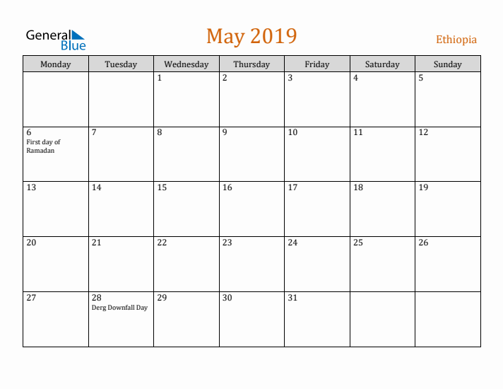 May 2019 Holiday Calendar with Monday Start