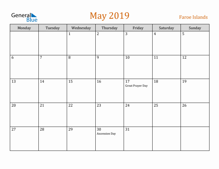 May 2019 Holiday Calendar with Monday Start