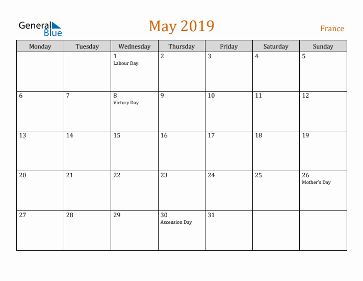 May 2019 Holiday Calendar with Monday Start