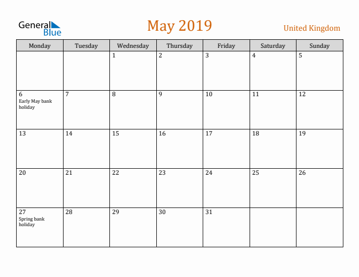 May 2019 Holiday Calendar with Monday Start