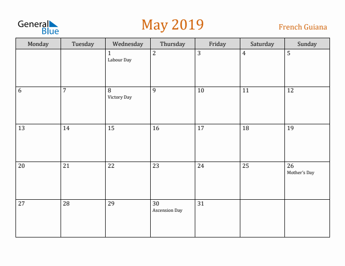 May 2019 Holiday Calendar with Monday Start