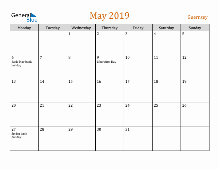 May 2019 Holiday Calendar with Monday Start