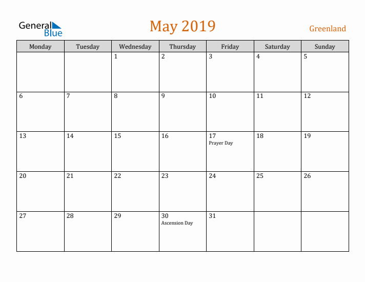 May 2019 Holiday Calendar with Monday Start