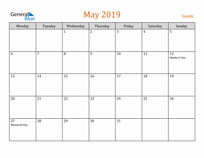 May 2019 Holiday Calendar with Monday Start