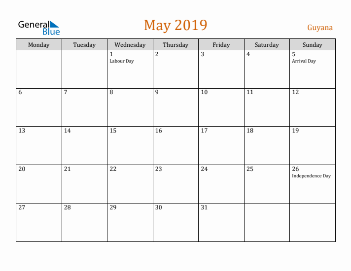 May 2019 Holiday Calendar with Monday Start