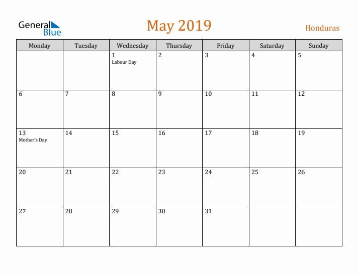 May 2019 Holiday Calendar with Monday Start