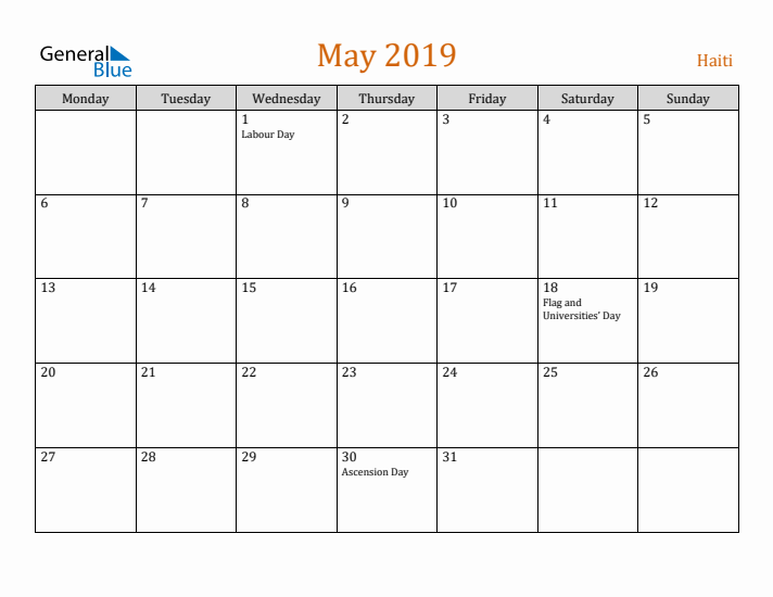 May 2019 Holiday Calendar with Monday Start