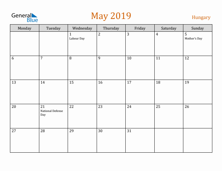 May 2019 Holiday Calendar with Monday Start