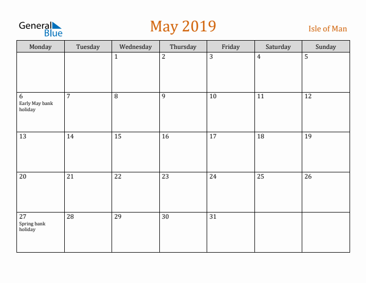 May 2019 Holiday Calendar with Monday Start