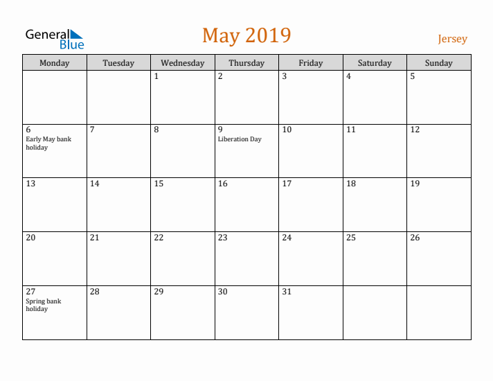 May 2019 Holiday Calendar with Monday Start