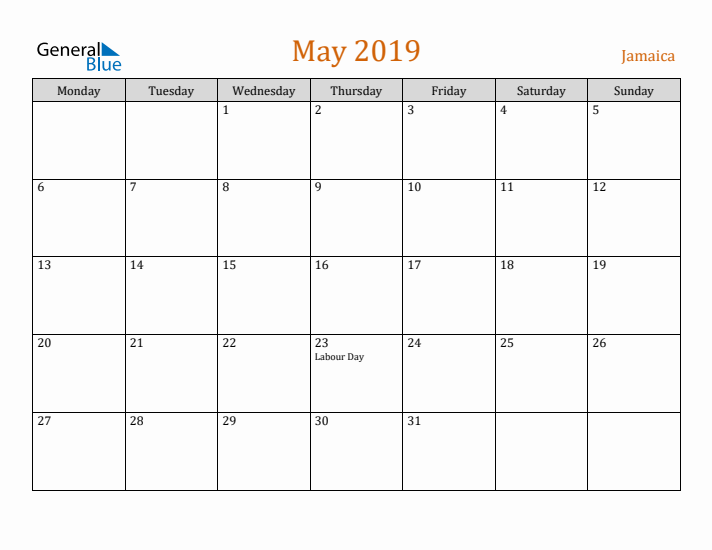 May 2019 Holiday Calendar with Monday Start