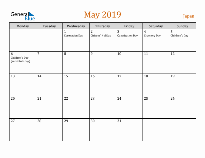 May 2019 Holiday Calendar with Monday Start