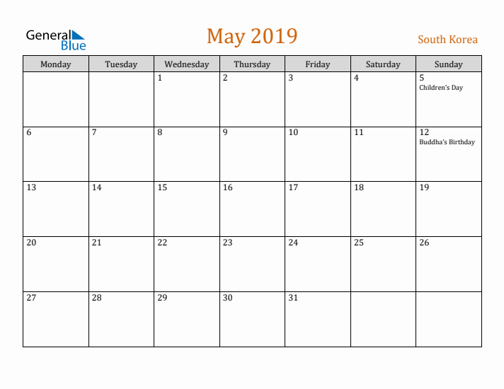 May 2019 Holiday Calendar with Monday Start