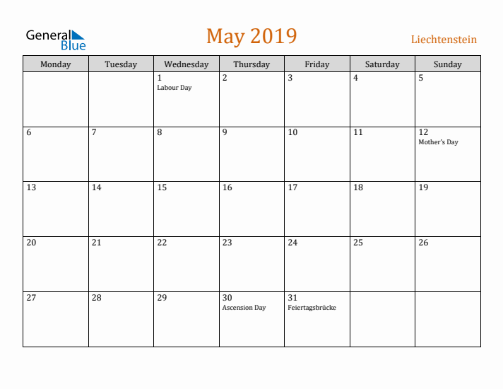 May 2019 Holiday Calendar with Monday Start