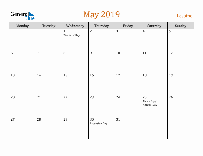 May 2019 Holiday Calendar with Monday Start