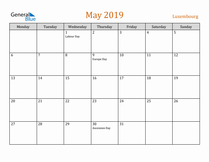 May 2019 Holiday Calendar with Monday Start