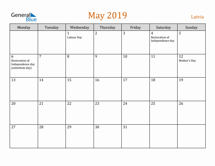 May 2019 Holiday Calendar with Monday Start