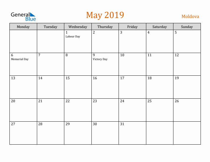 May 2019 Holiday Calendar with Monday Start