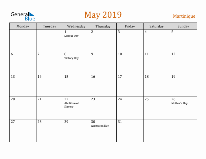 May 2019 Holiday Calendar with Monday Start