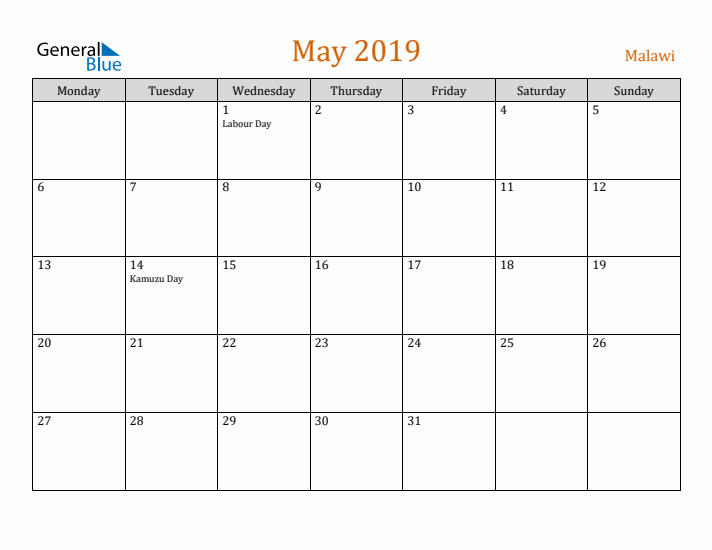 May 2019 Holiday Calendar with Monday Start