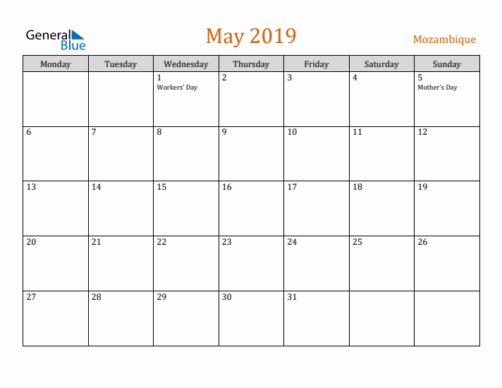 May 2019 Holiday Calendar with Monday Start