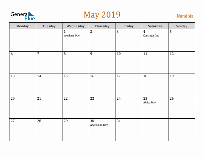 May 2019 Holiday Calendar with Monday Start